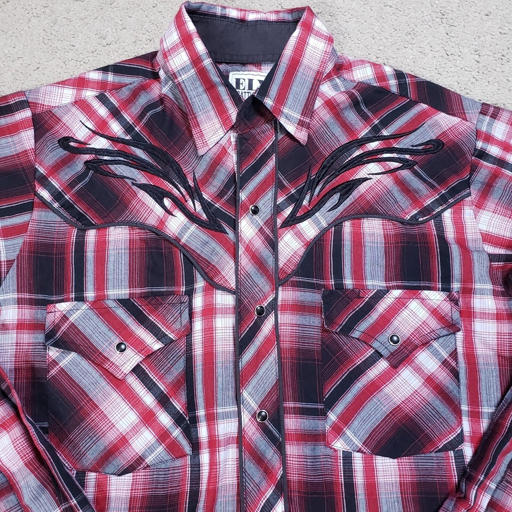 Ely Cattleman‎ Pearl Snap Western Shirt Men S Red Black Embroidered Southwest